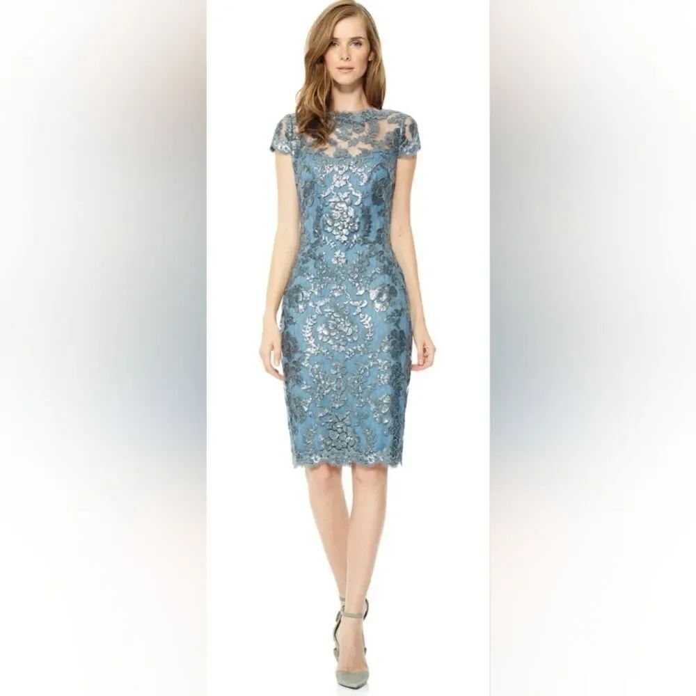 Tadashi Shoji Sequin Glam Whimsical Chic Floral Luxury Lace Elegant Dress 10